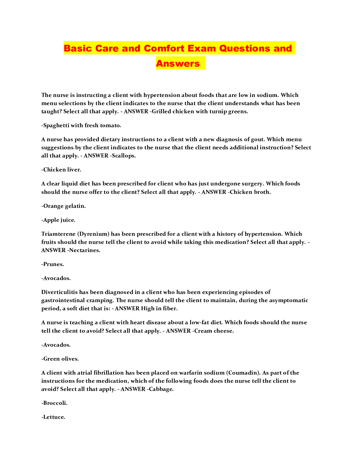 Basic Care and Comfort Exam Questions and Answers Browsegrades